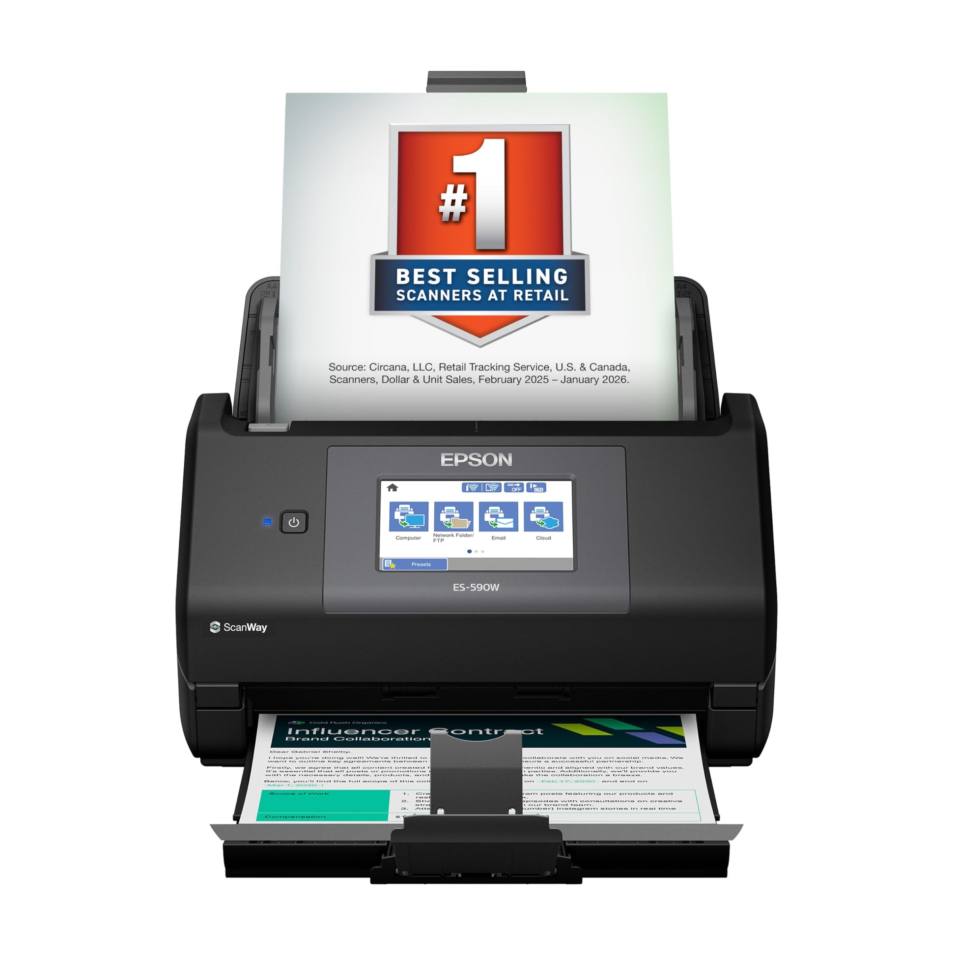 Epson Workforce ES-580W Wireless Color Duplex Desktop Document Scanner for Computers Including PC and Mac with 100 Sheet ADF Auto Feeder and Intuitive 4.3 in Touchscreen, Black