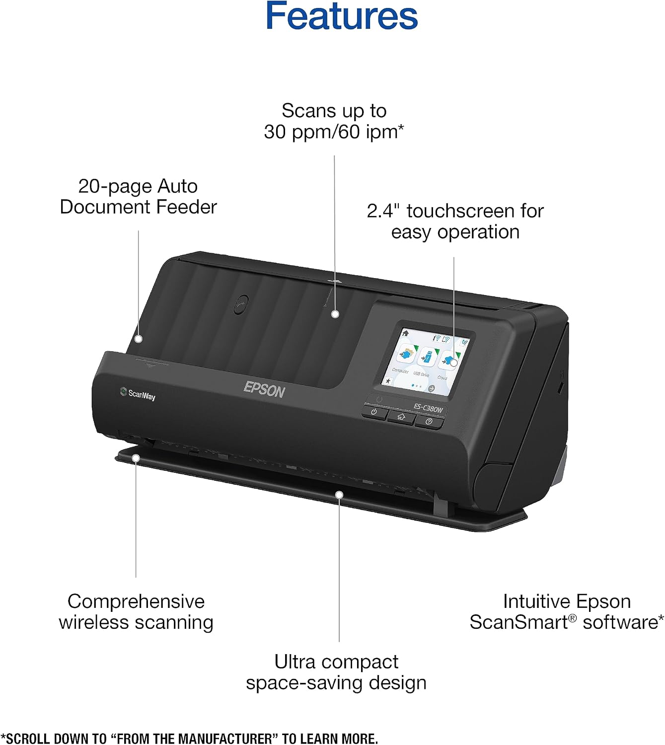 Epson Workforce ES-C380W Wireless Compact Desktop Document Scanner with 2-Sided Scanning and Auto Document Feeder (ADF) for PC and Mac
