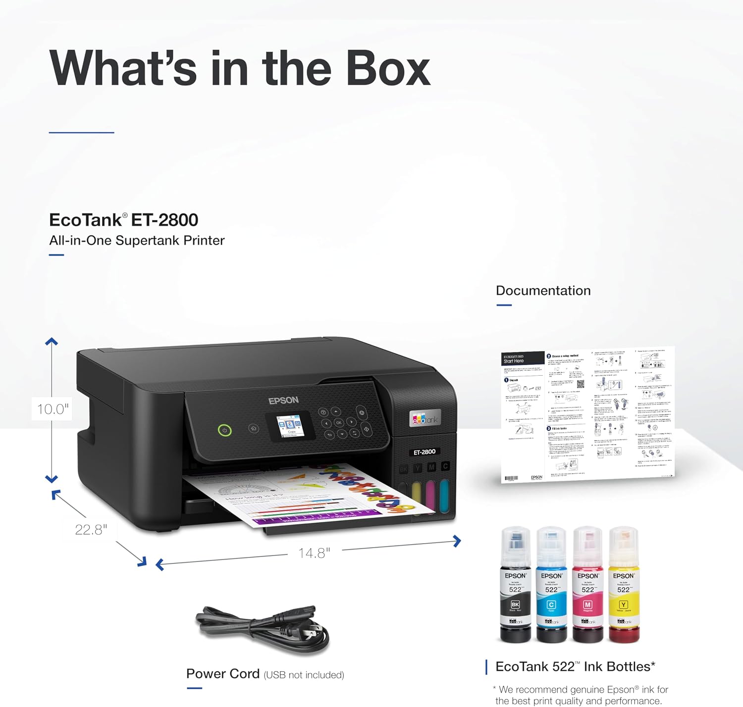 Epson EcoTank ET-2800 Wireless Color All-in-One Cartridge-Free Ink Supertank Printer with Scan and Copy for Home Use, Black