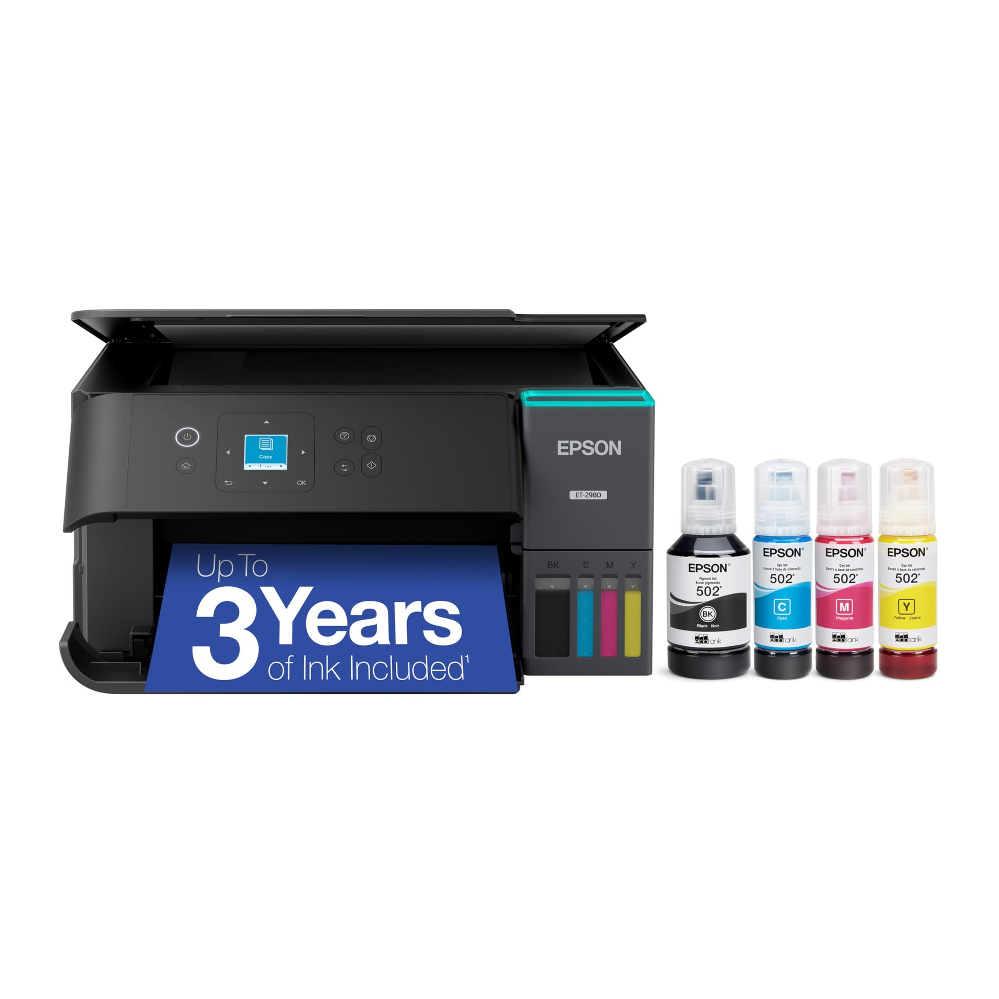 Epson EcoTank ET-2980 Wireless All-in-One Color Supertank Printer with Refillable Ink Tanks, 3 Years of Ink, Mobile Printing, 15 PPM, Color Touchscreen, Auto 2-Sided, White