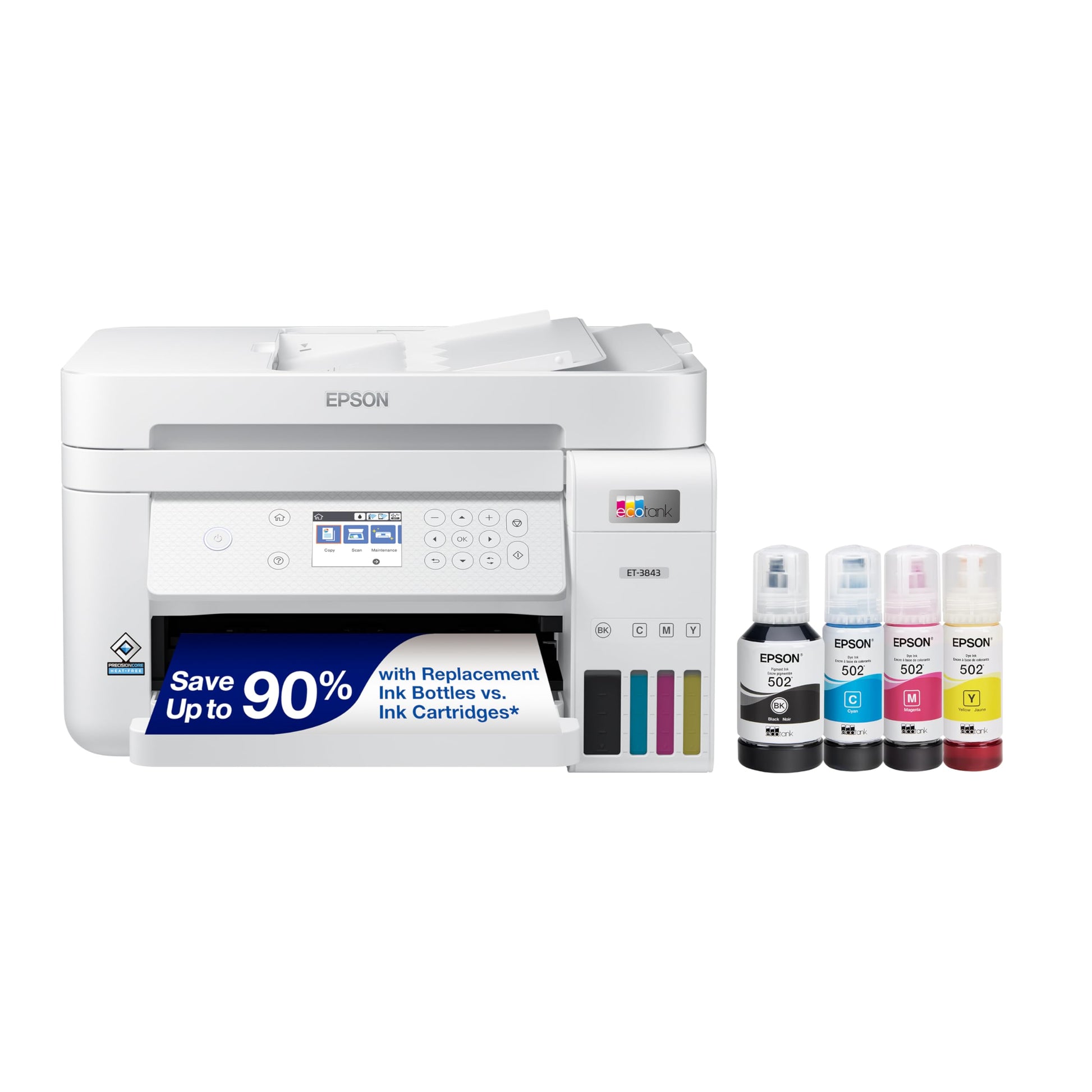 Epson EcoTank ET-3850 Wireless Color All-in-One Cartridge-Free Supertank with Scanner Copier, ADF and Ethernet â€“ The Perfect Printer Home Office,White