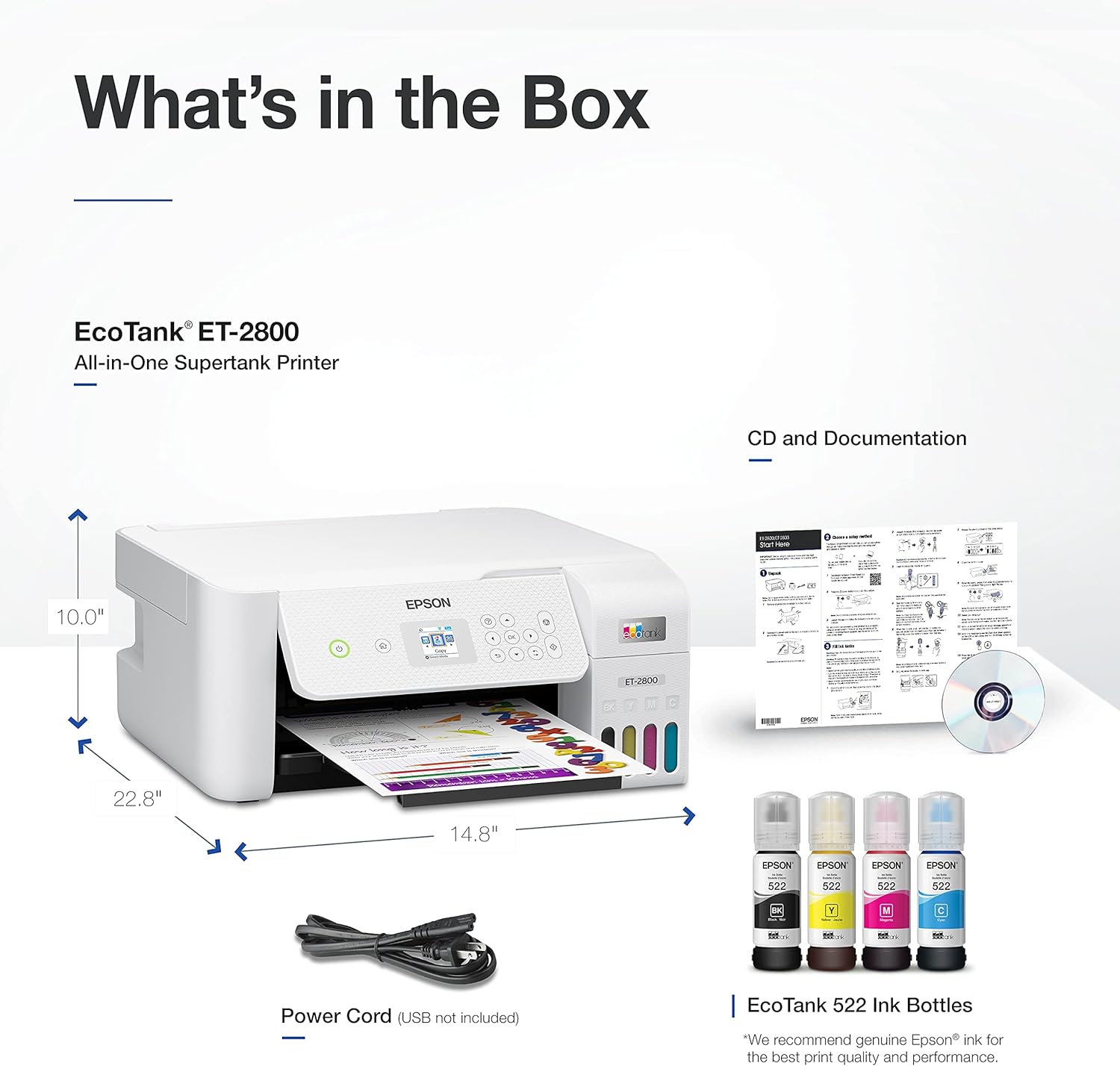 Epson EcoTank ET-2800 Wireless Color All-in-One Cartridge-Free Ink Supertank Printer with Scan and Copy for Home Use, White