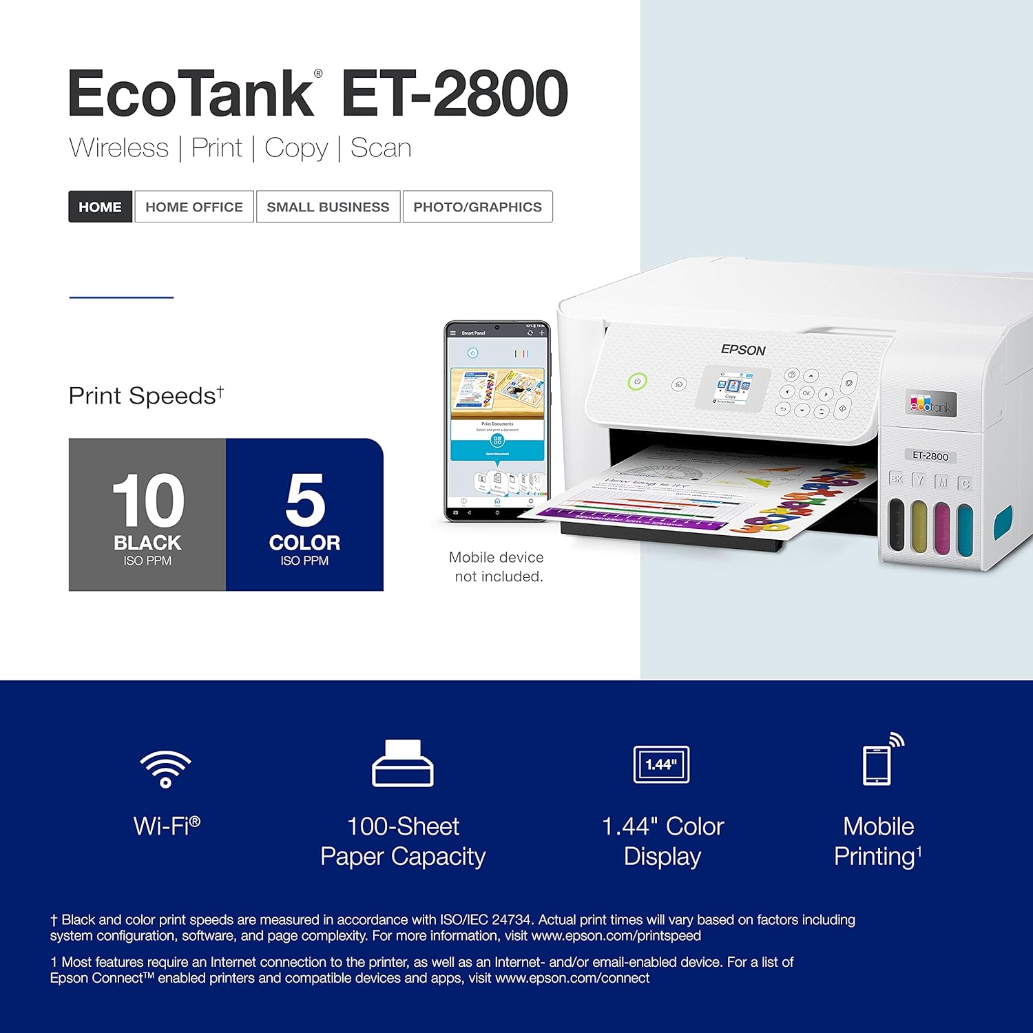 Epson EcoTank ET-2800 Wireless Color All-in-One Cartridge-Free Ink Supertank Printer with Scan and Copy for Home Use, White
