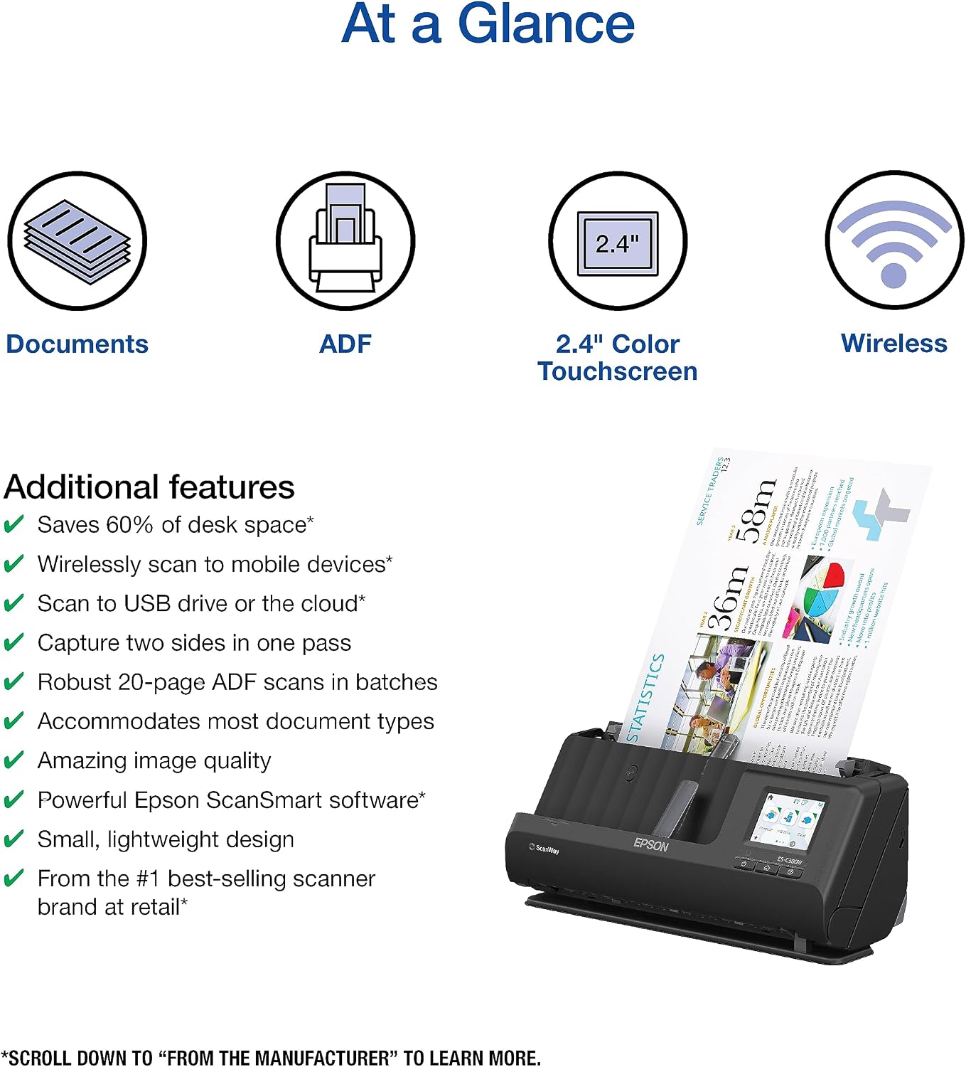 Epson Workforce ES-C380W Wireless Compact Desktop Document Scanner with 2-Sided Scanning and Auto Document Feeder (ADF) for PC and Mac