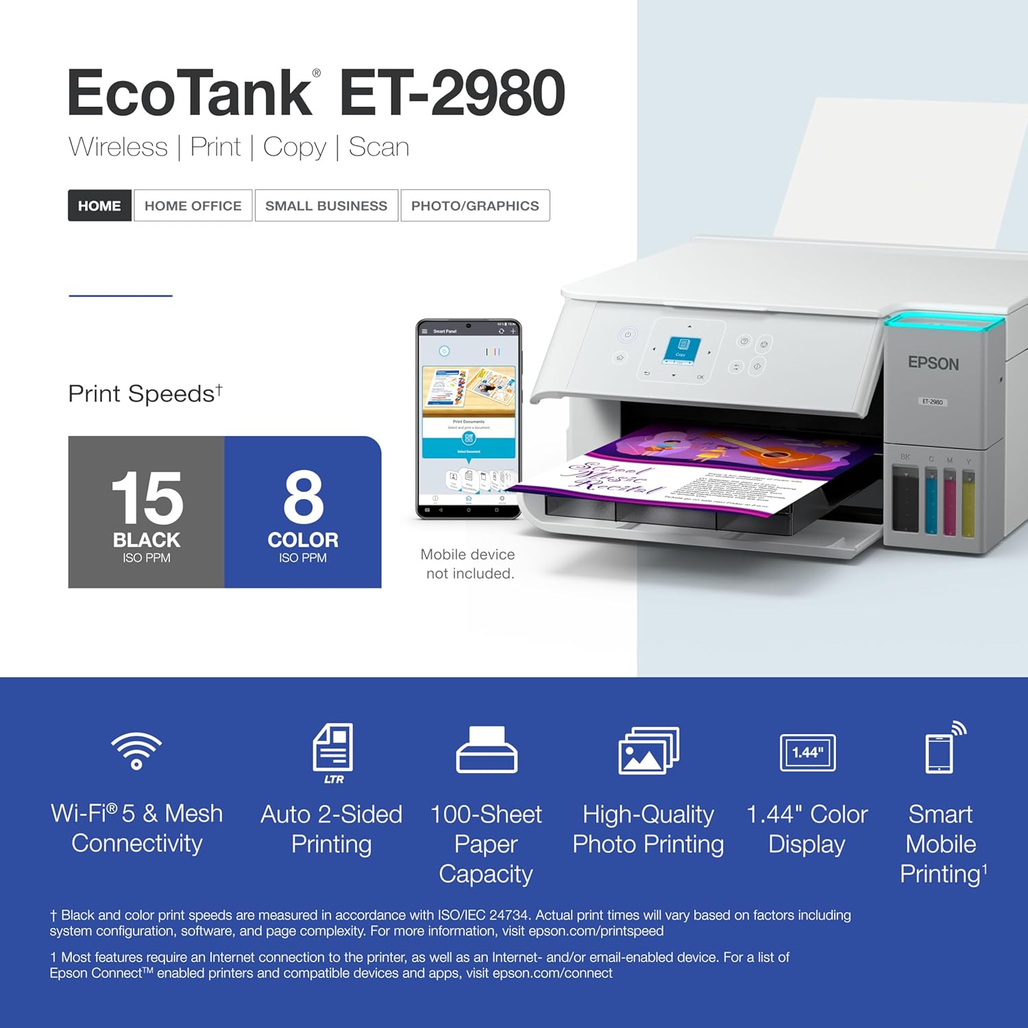 Epson EcoTank ET-2980 Wireless All-in-One Color Supertank Printer with Refillable Ink Tanks, 3 Years of Ink, Mobile Printing, 15 PPM, Color Touchscreen, Auto 2-Sided, White