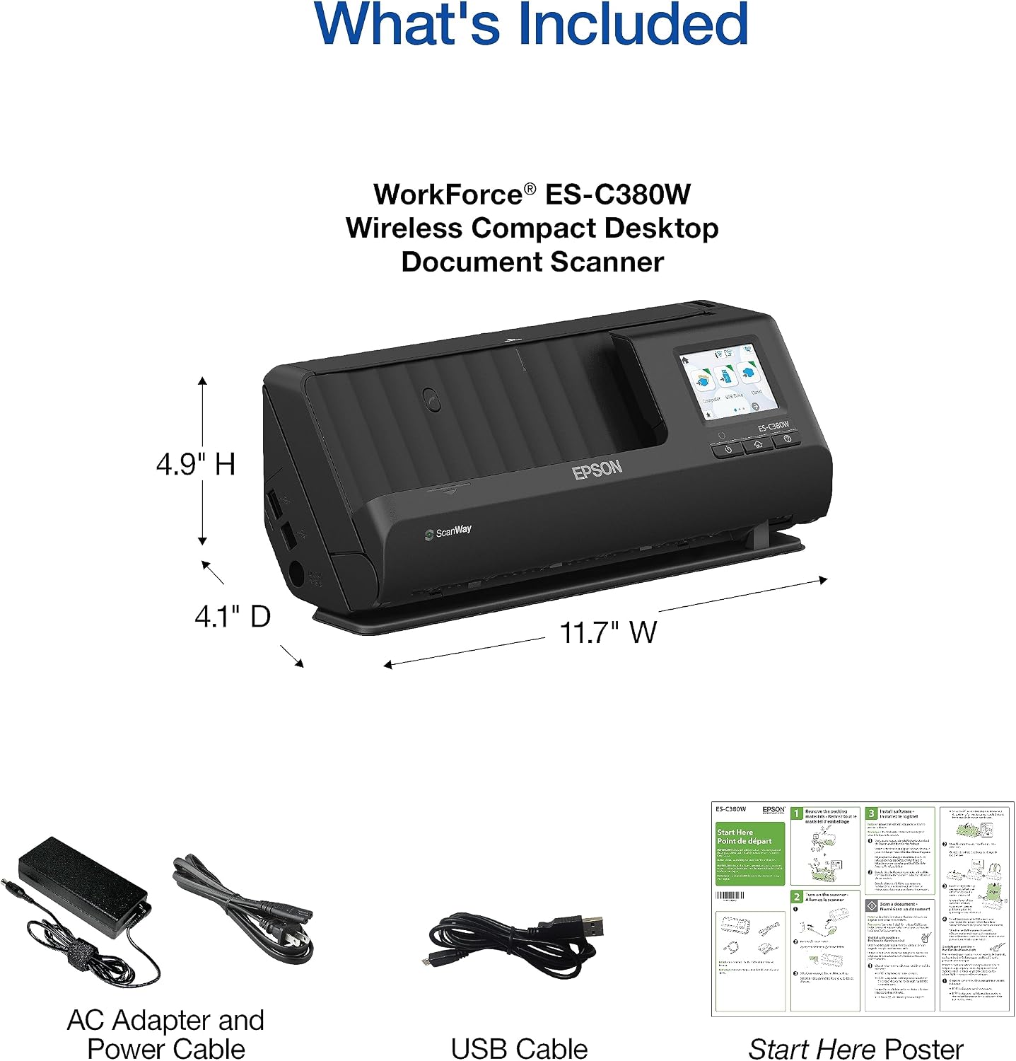 Epson Workforce ES-C380W Wireless Compact Desktop Document Scanner with 2-Sided Scanning and Auto Document Feeder (ADF) for PC and Mac